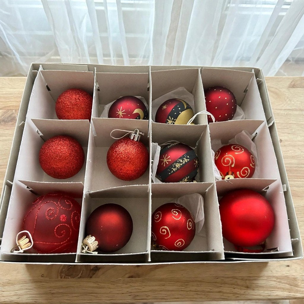 Vintage Set 12 Rode Glazen Kerstballen met Goud, Diversen, Ophalen of Verzenden, Gebruikt