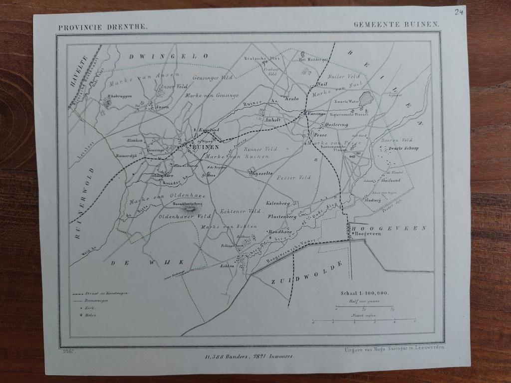 24 / Ruinen - Gijsselte - Rhebruggen Litho uit 1867 Kuyper, Ophalen of Verzenden