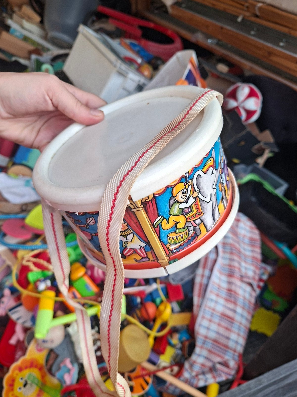 Vintage Speeltrommel met Circusafbeeldingen, Ophalen of Verzenden, Gebruikt, Overige typen