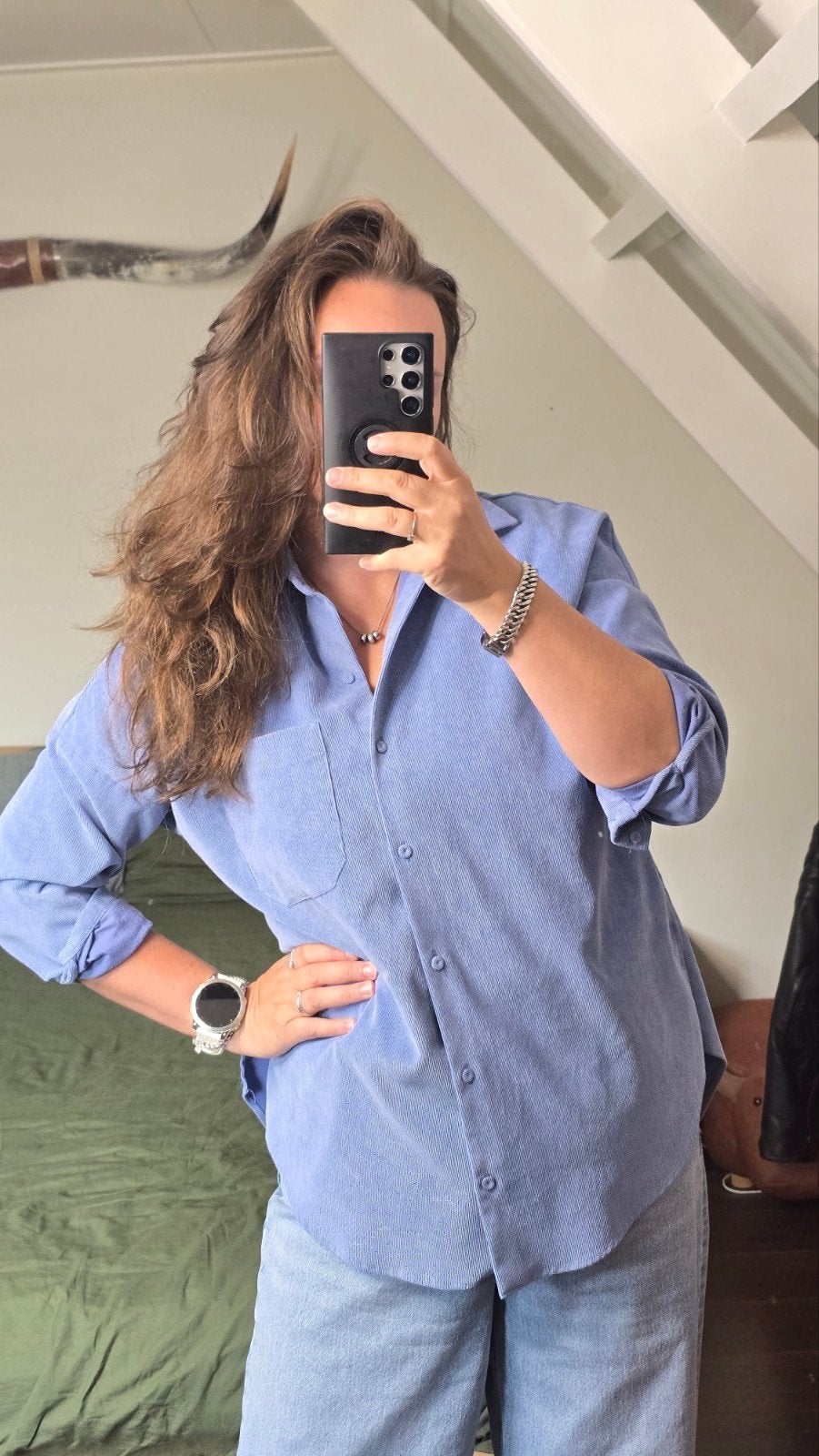Blauwe Zara corduroy blouse oversized (maat XS / past 40), Blauw, Zara, Maat 42/44 (L), Ophalen of Verzenden