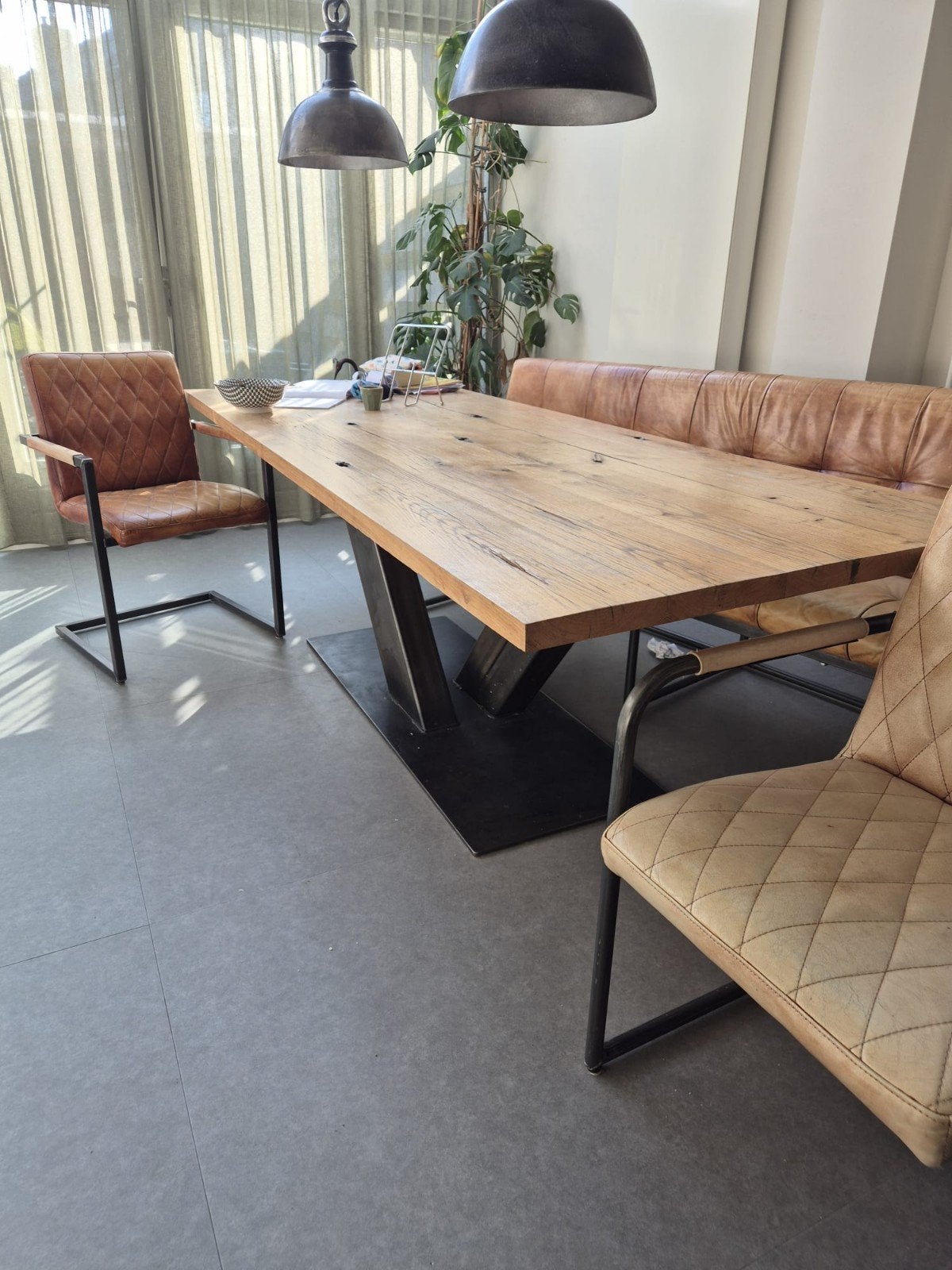 Eikenhouten tafelblad van oude wagon delen - 230x90cm, Ophalen, Gebruikt, Industrieel, robuust, landelijk, Eikenhout