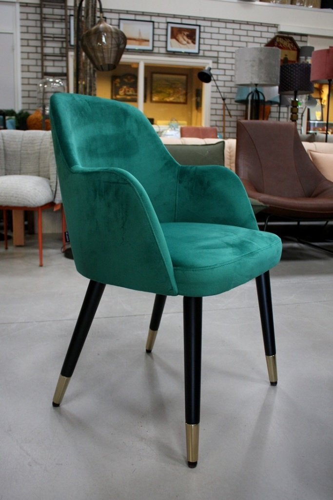 3 mooie eetkamerstoelen stof velvet groen armleuning velours, Ophalen, Overige kleuren, Drie, Hout