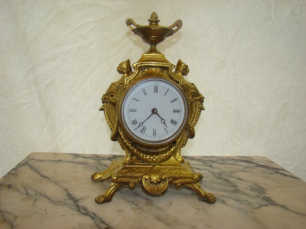 Antieke vergulde bronzen tafelklok, Ophalen of Verzenden