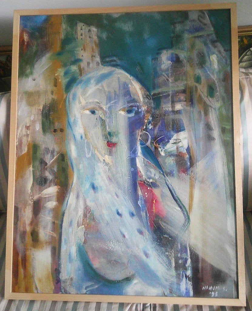 "Woman in blue" 1998 - Nahum Suwarsita (1965 - Indonesië), Antiek en Kunst, Kunst | Schilderijen | Klassiek, Doek, Portret of Personen