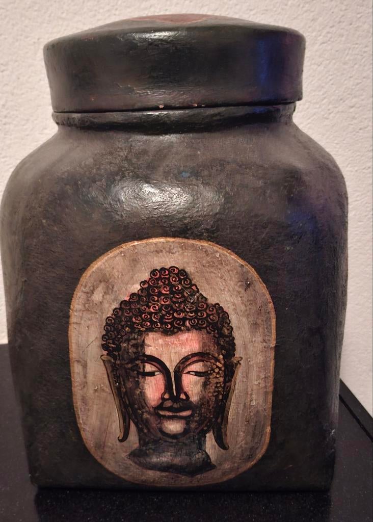 Decoratieve Opbergton uit Bali met Boeddha en tekst, Ophalen