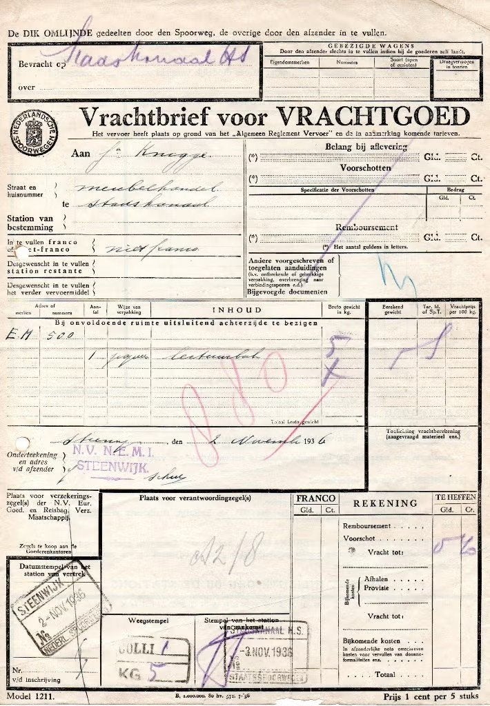 Vrachtbrief Steenwijk NEMI Stadskanaal Knigge NS 1936., Ophalen of Verzenden, Zo goed als nieuw