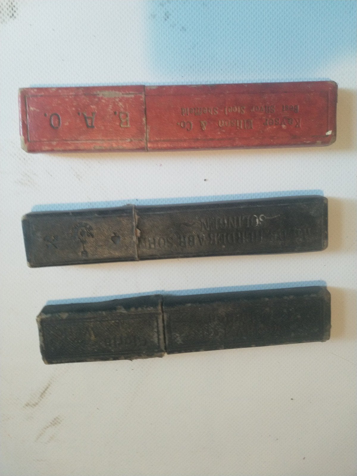 Drie antieke scheermessen met originele etuis, Ophalen of Verzenden