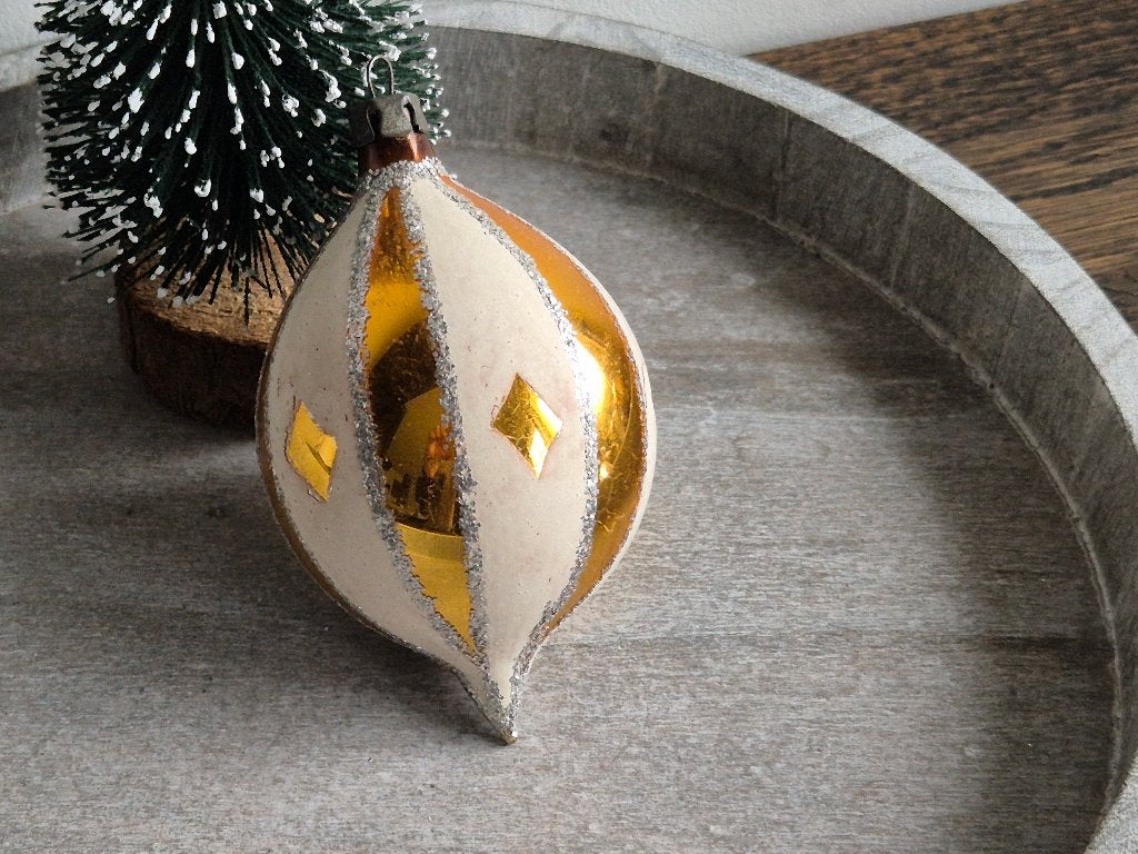 Vintage kerstbal druppel goud/wit 577, *, Gebruikt, *, Ophalen of Verzenden