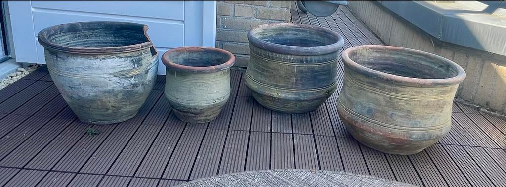 4 Prachtige mediterrane terracotta potten + 1 decoratiepot, Tuin en Terras, Bloempotten, Rond, Zo goed als nieuw, Minder dan 40 cm