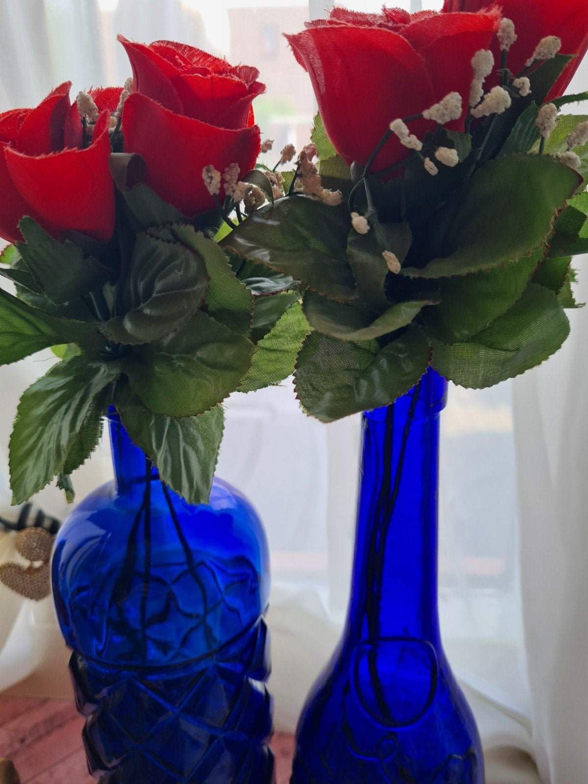 Set van 2 Kobaltblauwe Glazen Vazen met Kunstbloemen, Ophalen of Verzenden