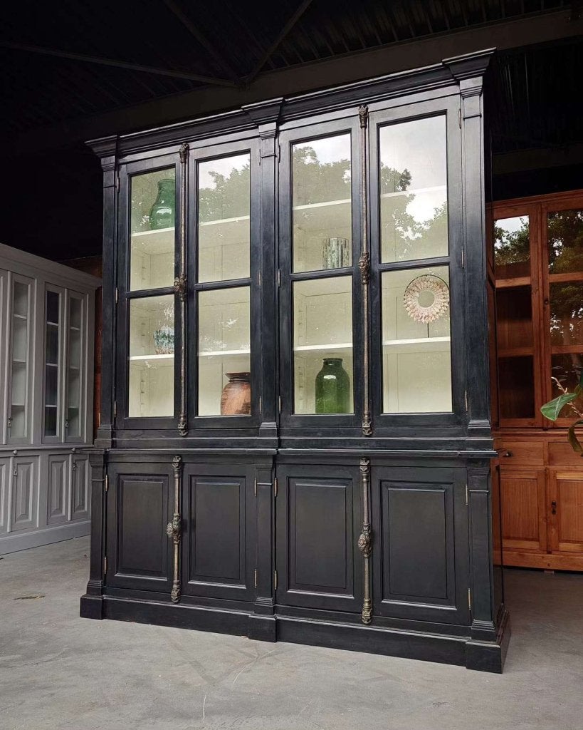 Prachtige klassieke buffetkast | Hoge zwarte vitrine #0368, Gebruikt, Met deur(en), -, 200 cm of meer