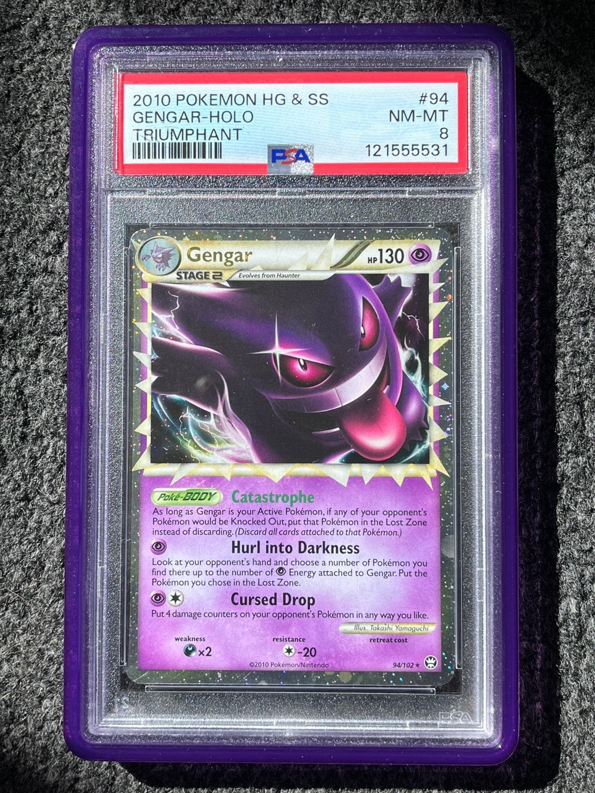 Pokémon PSA 8 Gengar Holo #94 Triumphant HG & SS, Ophalen of Verzenden, Zo goed als nieuw, Losse kaart, Foil
