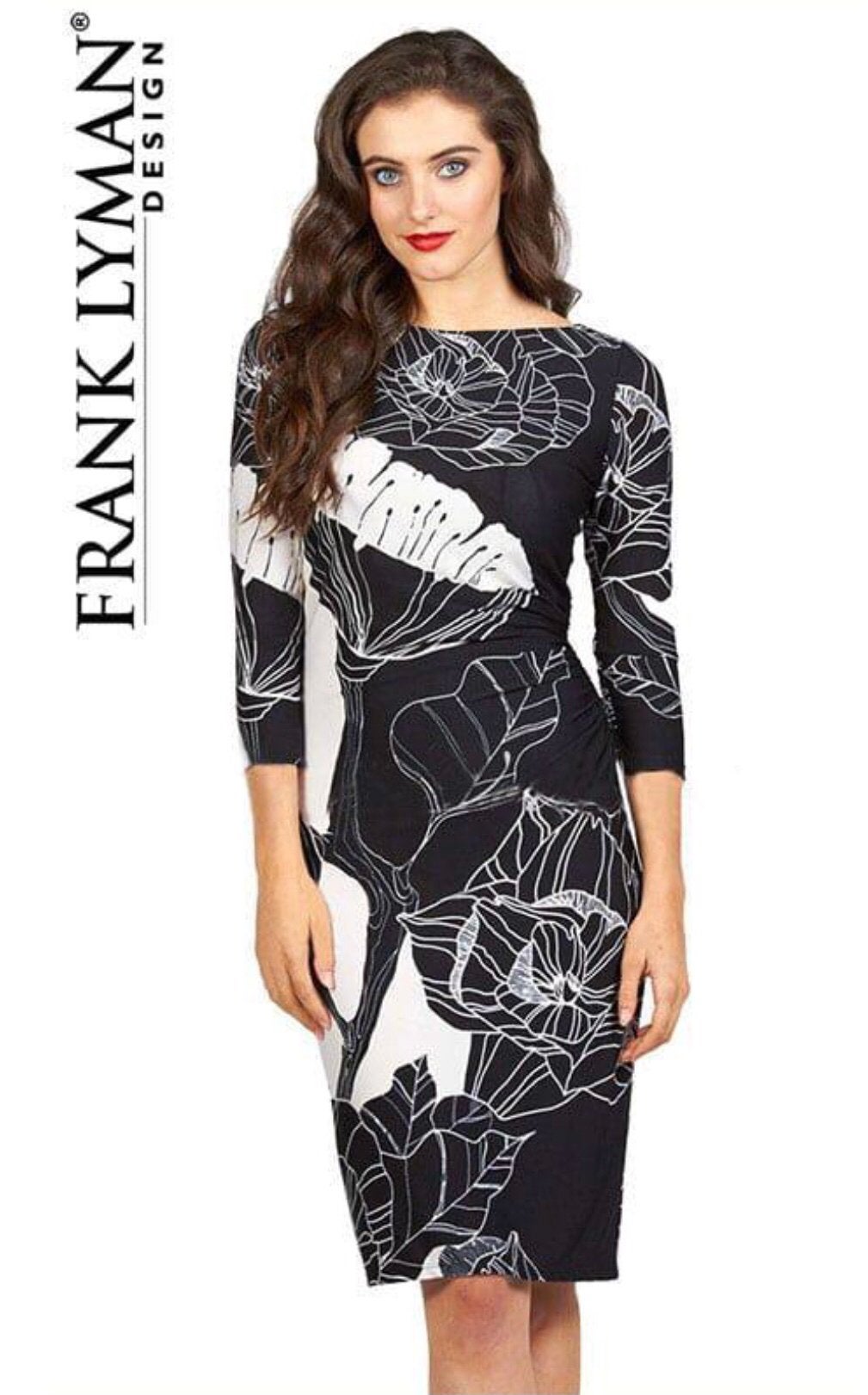 Frank Lyman elegante jurk zwart wit 3/4 mouwen maat 36/38, Zo goed als nieuw, Maat 36 (S), Onder de knie, Meerkleurig