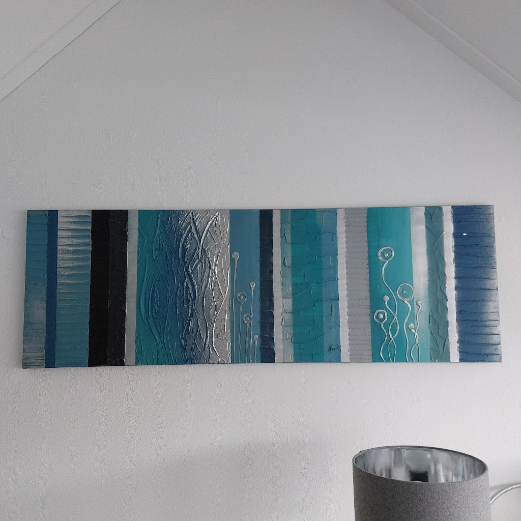 turquoise relief schilderij 50x150, BIJNA GRATIS, Antiek en Kunst, Kunst | Schilderijen | Abstract, Ophalen