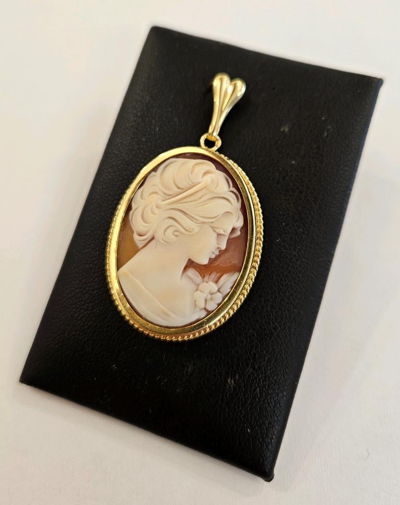 Vintage 14 karaats gouden hanger bezet met Camee geelgoud, Overige voorstellingen, Ophalen of Verzenden, Zo goed als nieuw, Goud