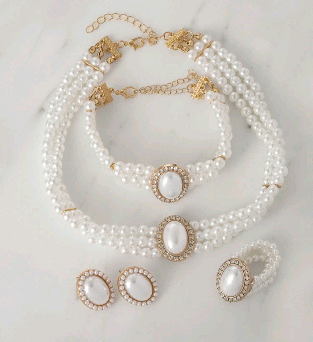 Nieuw Parelketting Set - Ketting, Armband, Oorbellen, Ring, Overige materialen, Wit, Nieuw, Ophalen