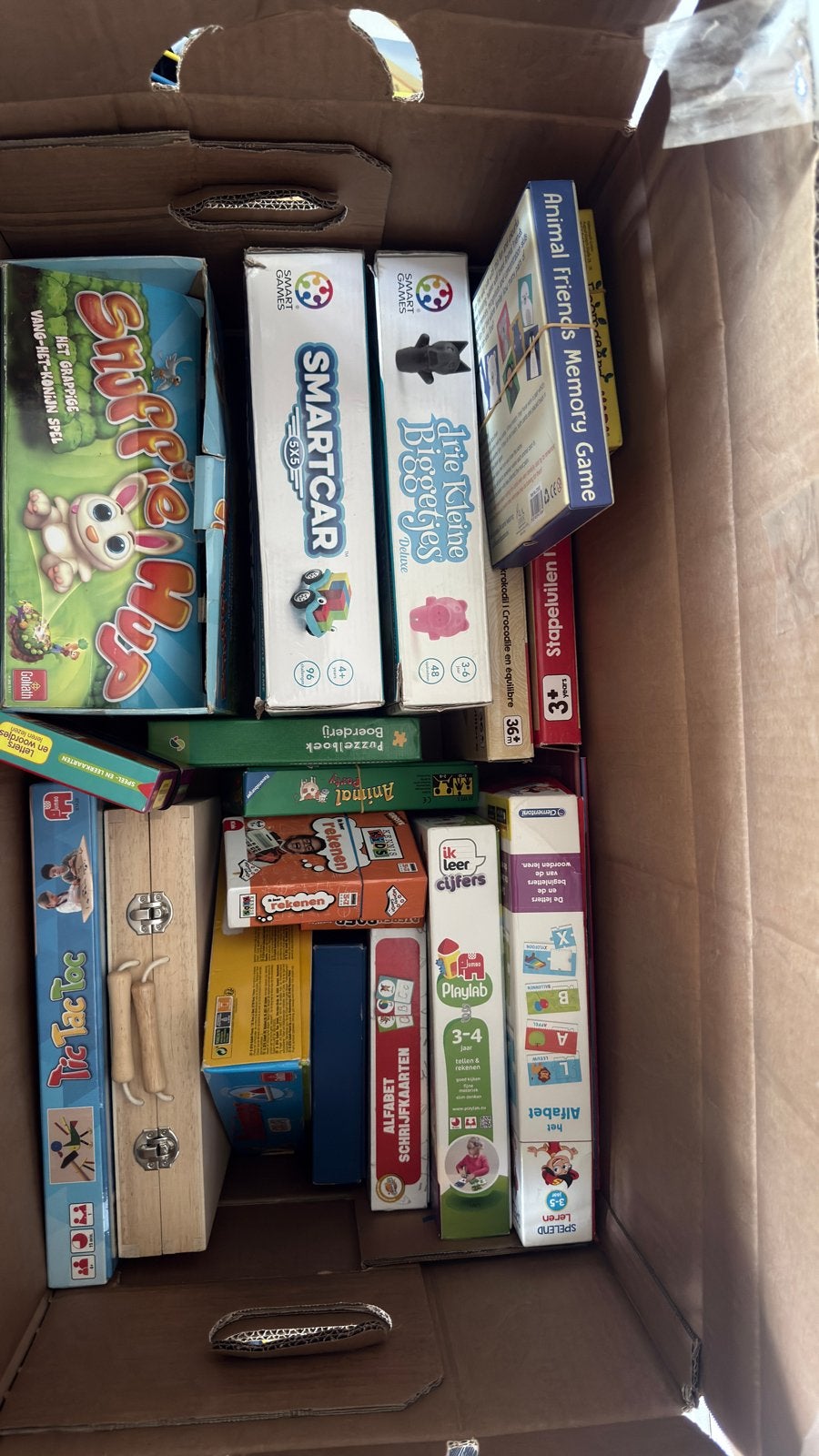 Grote doos vol smartgames, bordspellen, educatief speelgoed, Hobby en Vrije tijd, Een of twee spelers, Ophalen, Gebruikt