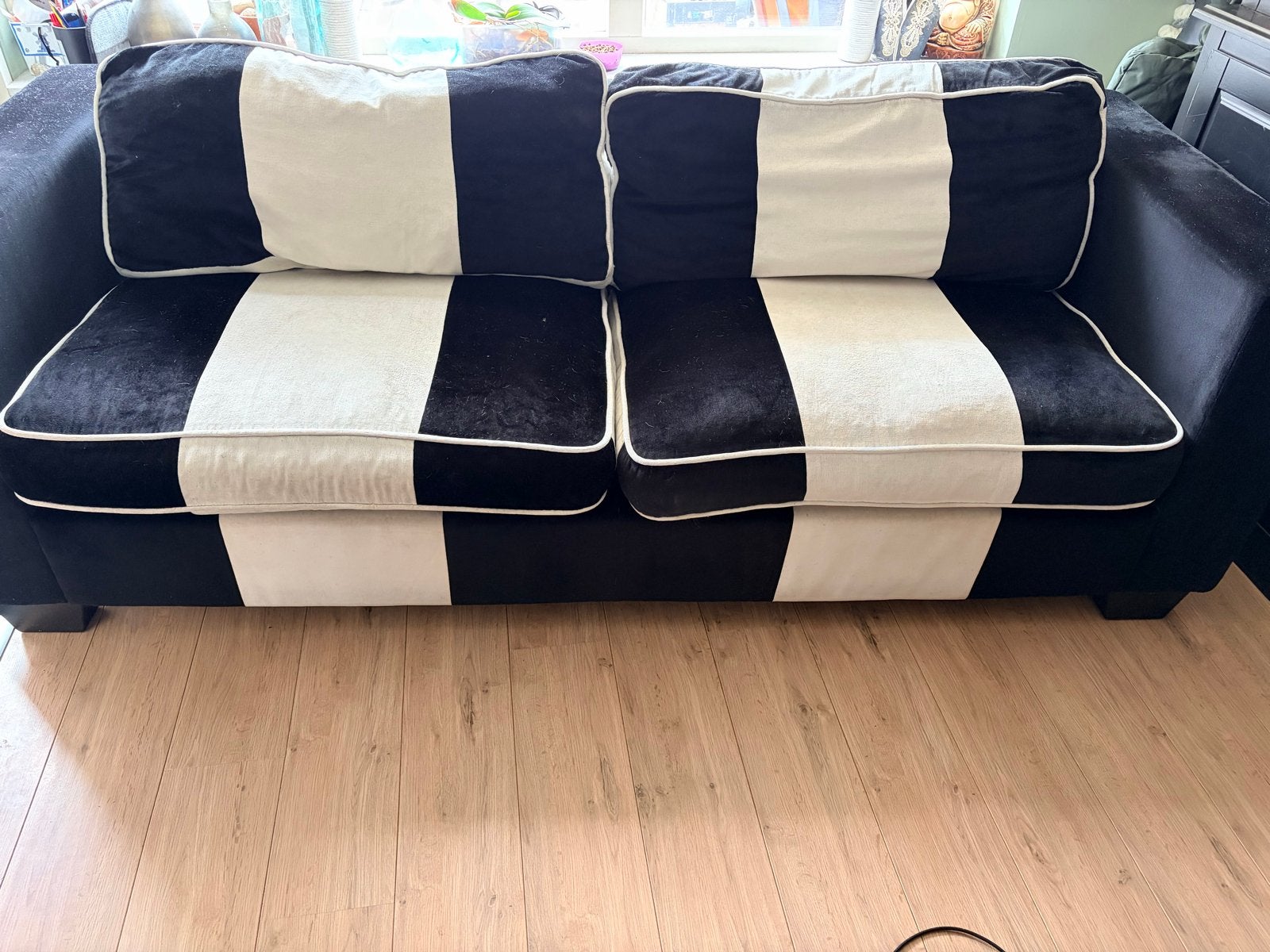 Zwart-witte bank met streepdesign - 225x95 cm, Ophalen, Gebruikt, Driepersoons, 75 tot 100 cm