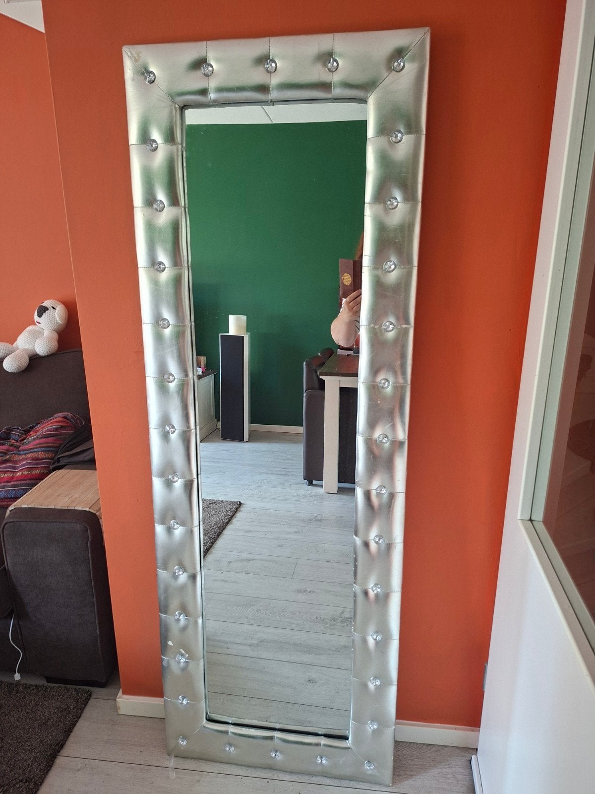 Grote spiegel met zilveren lijst en 'diamanten', Huis en Inrichting, Woonaccessoires | Spiegels, Ophalen, Gebruikt, 200 cm of meer