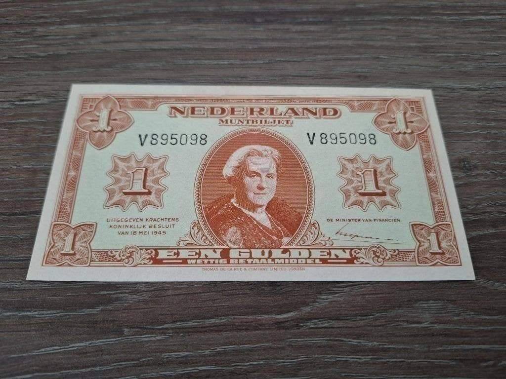 Vrijwel UNC biljet 1 gulden 1945, 1-lettervariant, V-serie, Ophalen of Verzenden, 25 gulden