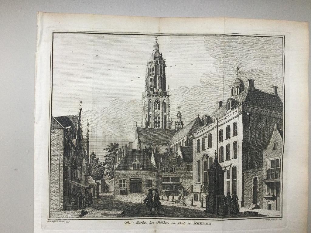 Rhenen, Markt, Stadhuis, Kerk, Stadhuis, 1750, Antiek en Kunst, Kunst | Etsen en Gravures, Verzenden