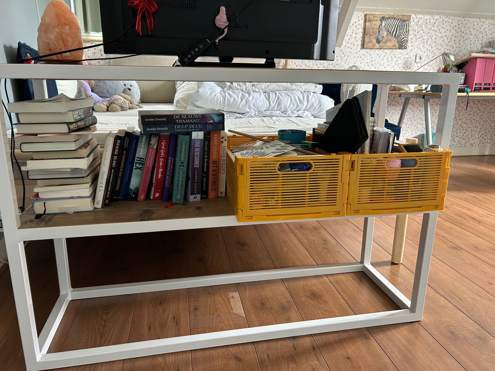 Leuke open kast/side table van ijzer en steigerhout, Ophalen, Gebruikt, 100 tot 150 cm, 25 tot 50 cm