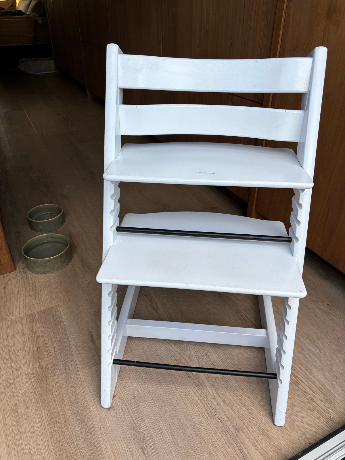 Stokke Tripp Trapp wit met newbornset, babyset en playtray, Ophalen, Gebruikt, Meegroeistoel, Aanschuifbaar