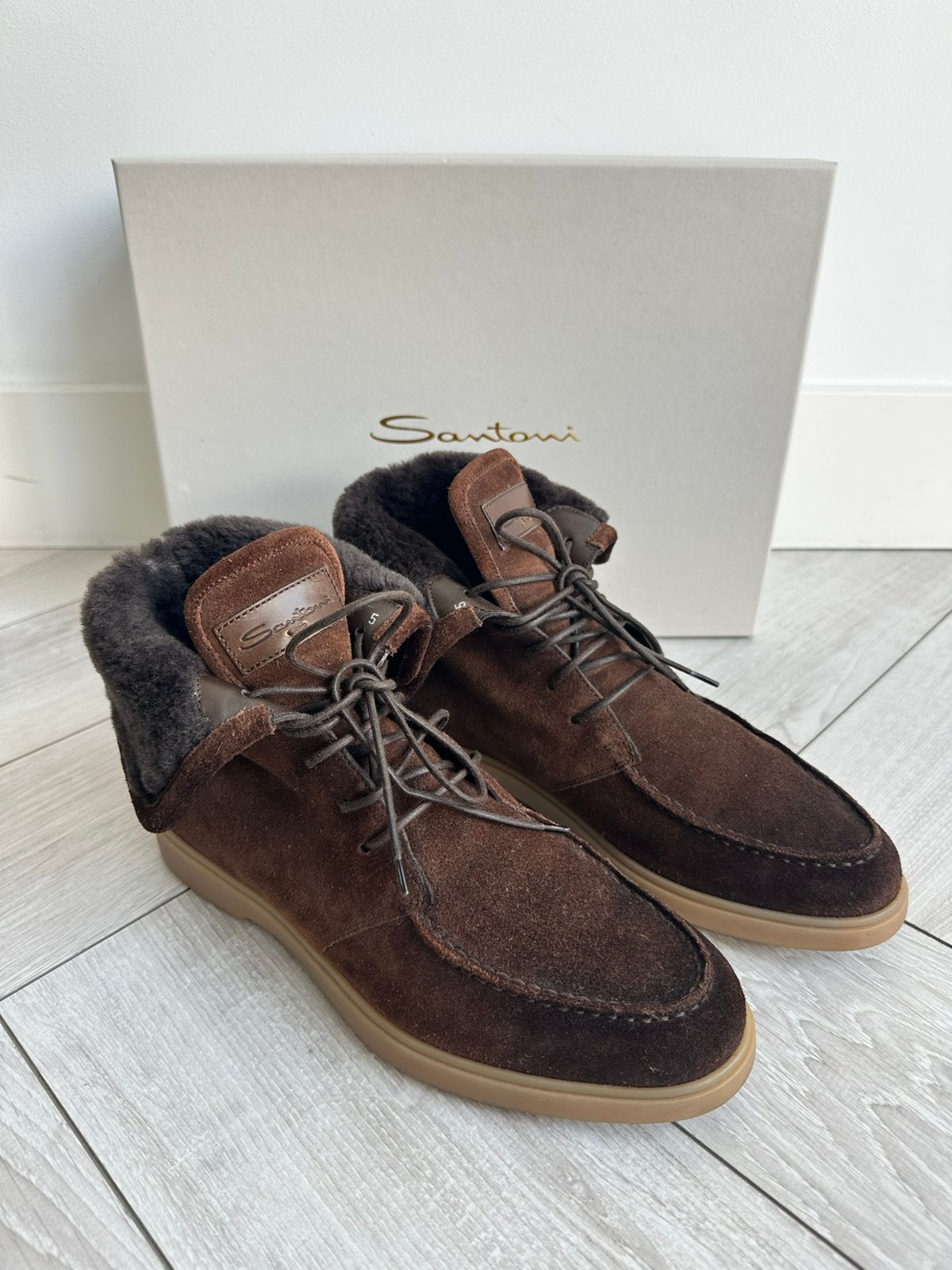 Santoni hoge laars suède met bontvoering, maat 5 (UK)/ €275, Ophalen of Verzenden, Zo goed als nieuw, Bruin, Boots