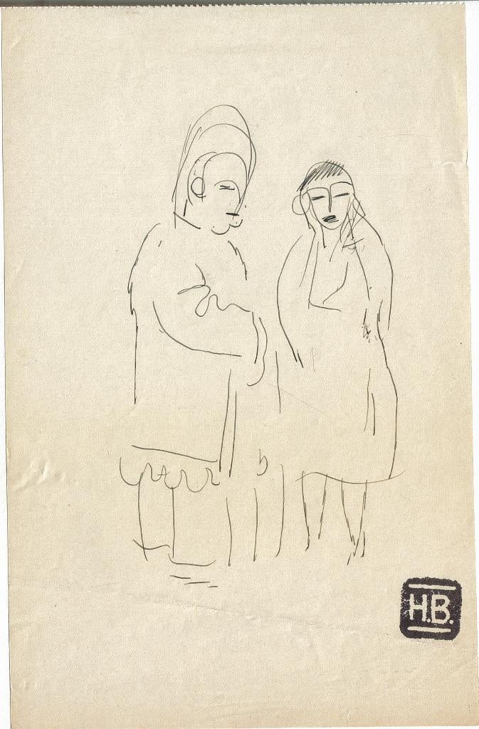Herman Bieling pentekening "Twee Dames in Lange Jas", Antiek en Kunst, Ophalen