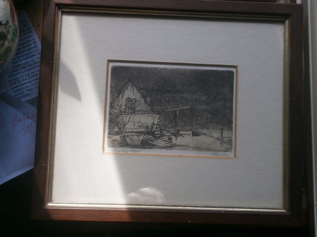 Mooi Romantisch winteretsje in goed lijstje, Antiek en Kunst, Ophalen, Ets