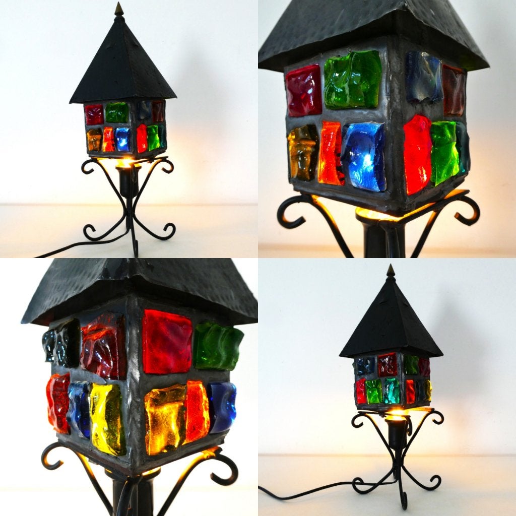 Peter Marsh tafellamp brutalist glas in lood lamp lantaarn, Ophalen of Verzenden