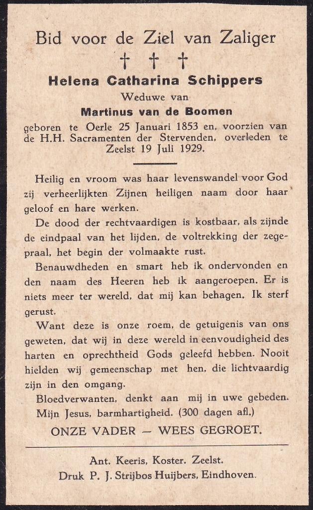 Schippers Helena 1853 Oerle 1929 Zeelst, Ophalen of Verzenden, Bidprentje