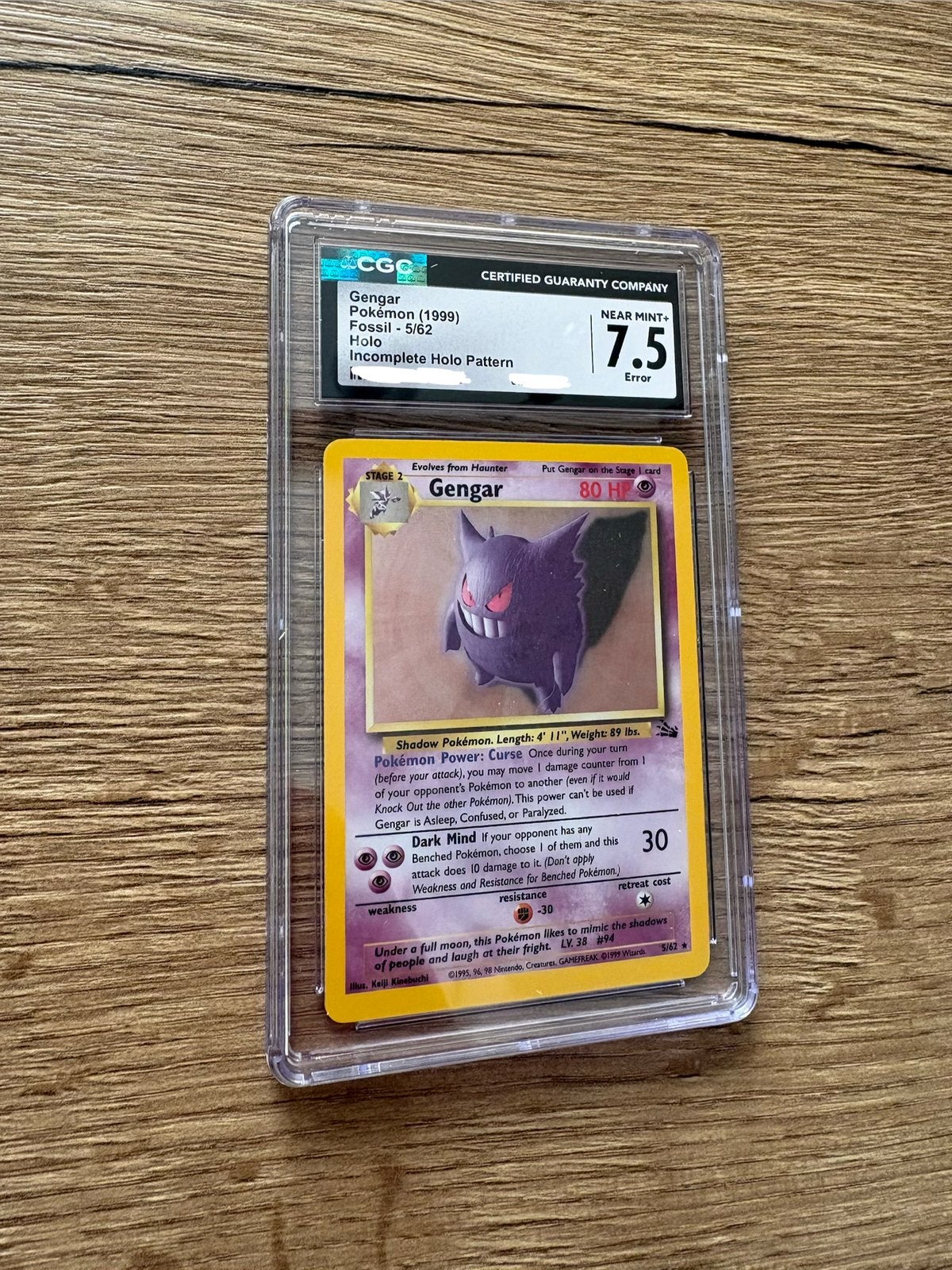 Gengar Fossil Holo CGC 7.5 ERROR kaart (Incomplete Holo), Ophalen of Verzenden, Zo goed als nieuw, Losse kaart, Foil