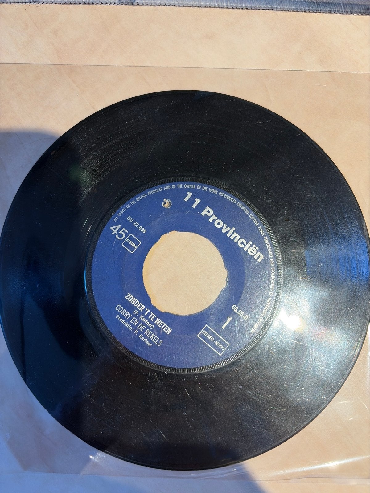 Corry en de Rekels - Zonder 't te weten - Vinyl Single, Cd's en Dvd's, Vinyl Singles, Gebruikt, 7 inch, Ophalen of Verzenden, EP
