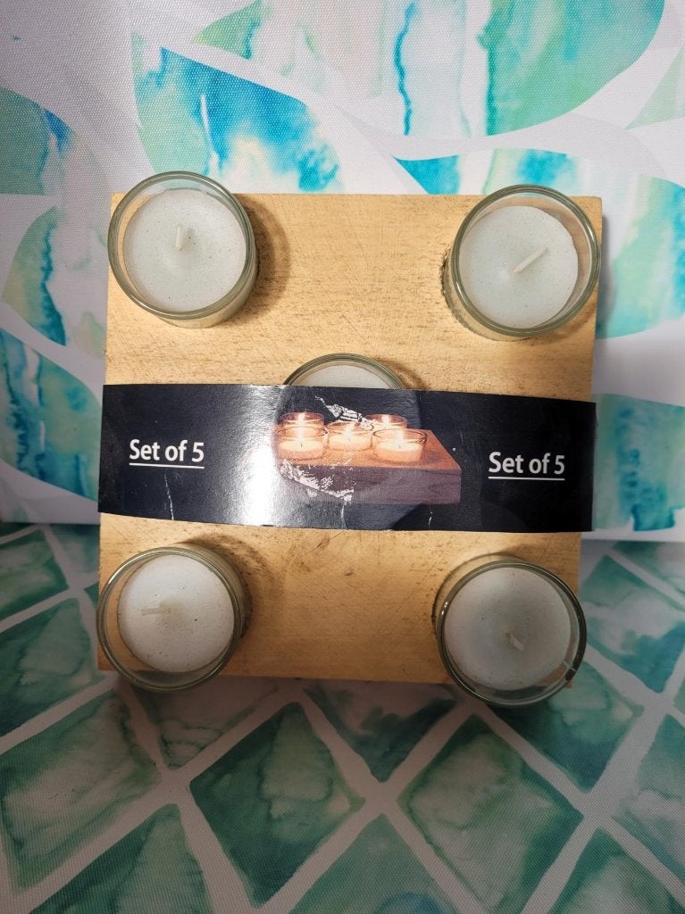 Mooie houten kaarsenhouder met 5 kaarsen in glas, Bruin, ., Ophalen of Verzenden, Zo goed als nieuw