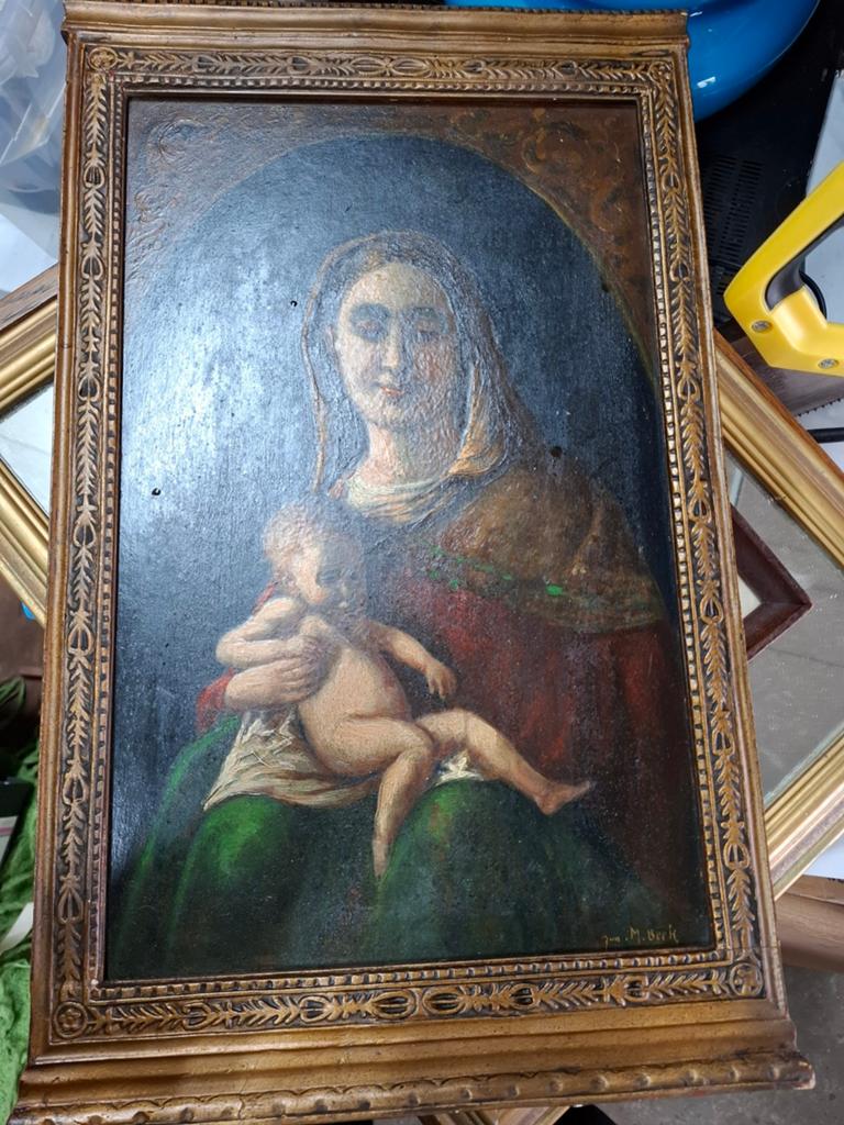 Oud schilderij Maria met kind, gesigneerd J.M. Beek, Antiek en Kunst, Ophalen