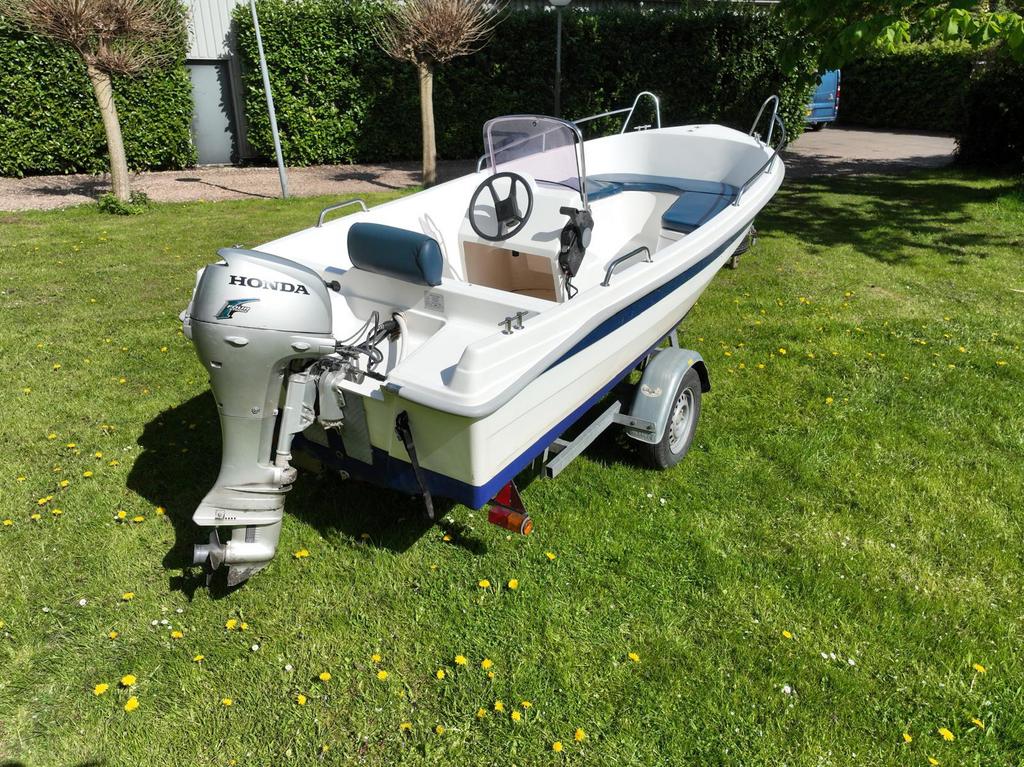 Complete consoleboot 4.50m Honda 4-takt trailer, Watersport en Boten, Gebruikt, Ophalen of Verzenden, Minder dan 70 pk, 3 tot 6 meter