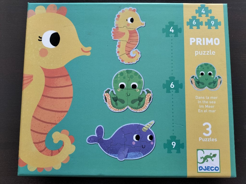 Djeco Primo puzzel In de zee - 3 vormen puzzels 4- 6- 9 st., Ophalen of Verzenden, Minder dan 10 stukjes, Zo goed als nieuw, 2 tot 4 jaar