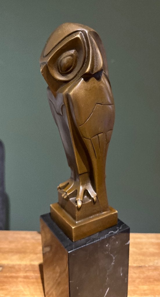 Bronzen art deco stijl uil op een marmeren voet., Ophalen, Art deco, 20 - 50 cm, Beeld