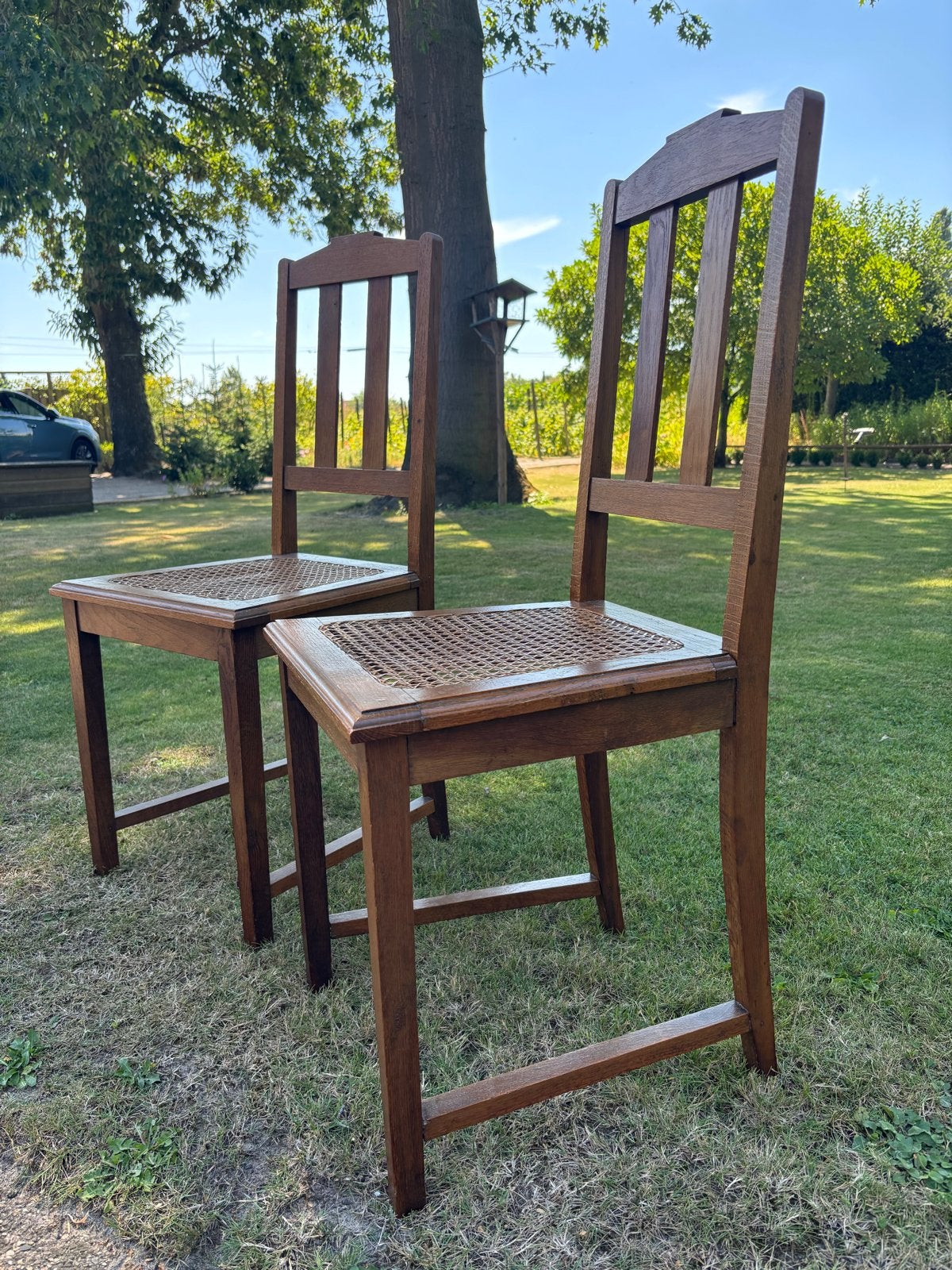 Set van 2 vintage houten stoelen met rieten zitting, Ophalen