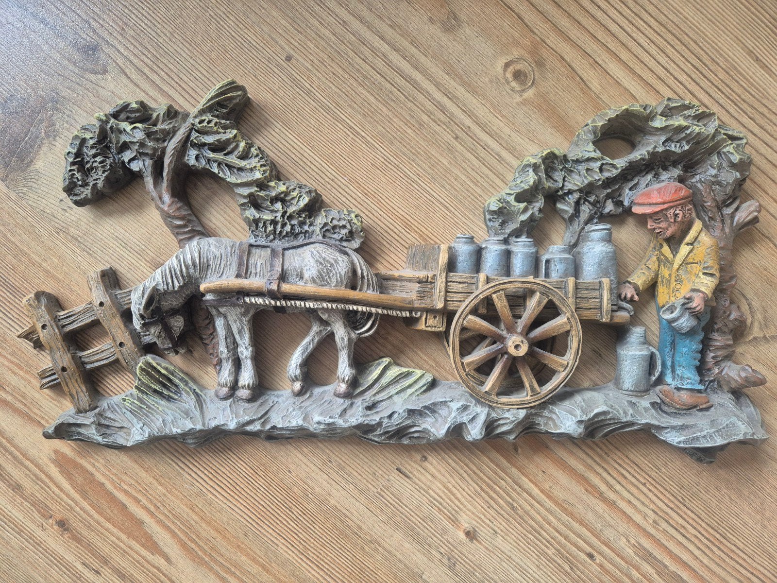 Vintage wanddecoratie: Boer met ezel en melkbussen, Ophalen of Verzenden
