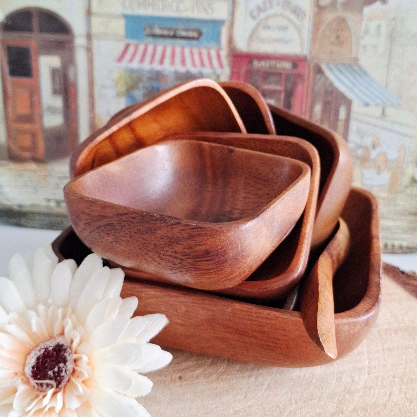 Vintage pinda schaaltjes set van acacia-hout, Ophalen of Verzenden