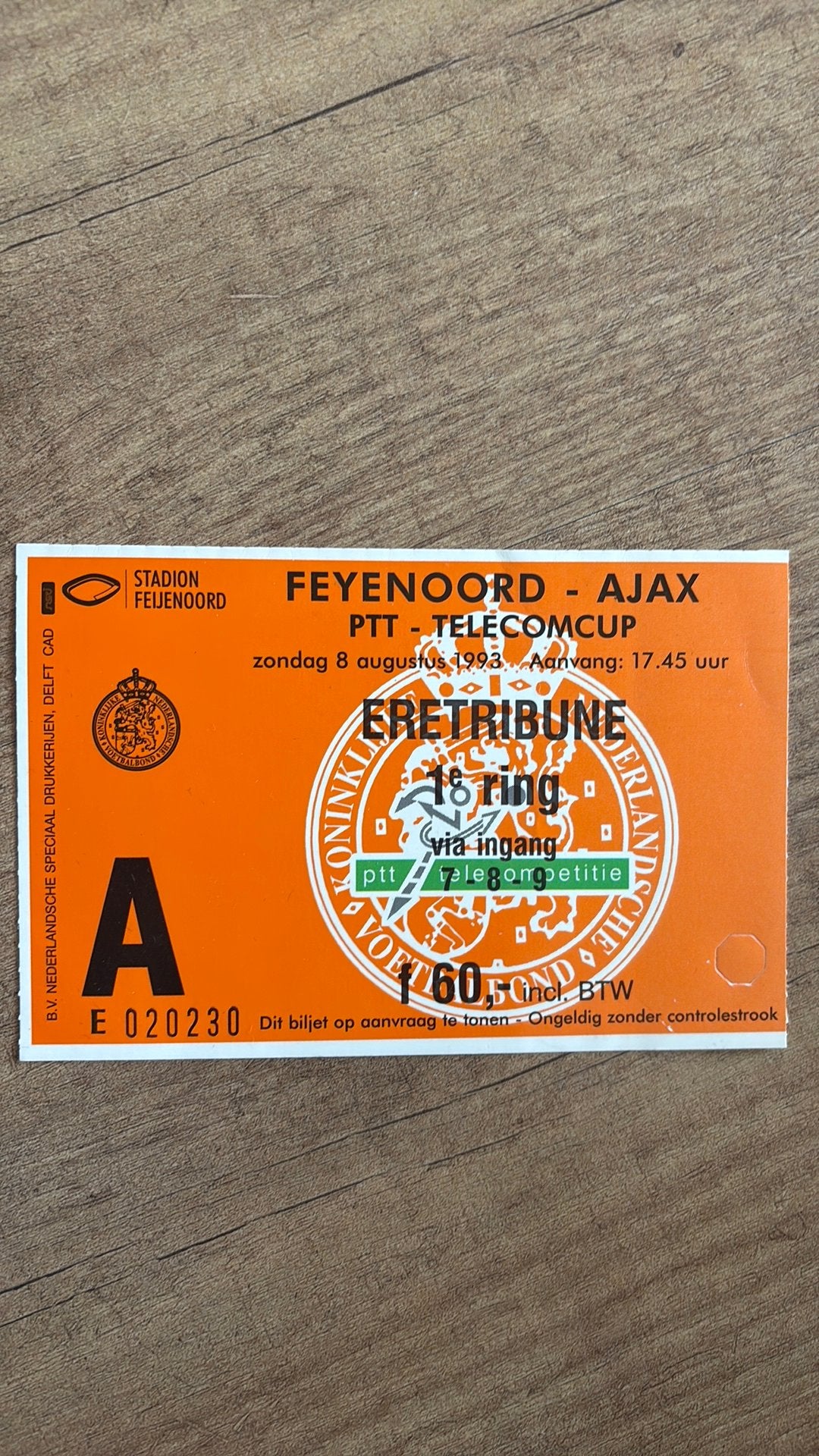 Oud stadionticket feyenoord ajax 1993, Ophalen of Verzenden, Zo goed als nieuw, Ajax