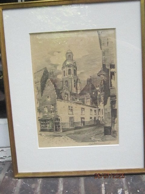 Tekening/Litho Eli SCHUERMANS, Katherinakerk, Hoogstraten B., Antiek en Kunst, Ophalen of Verzenden