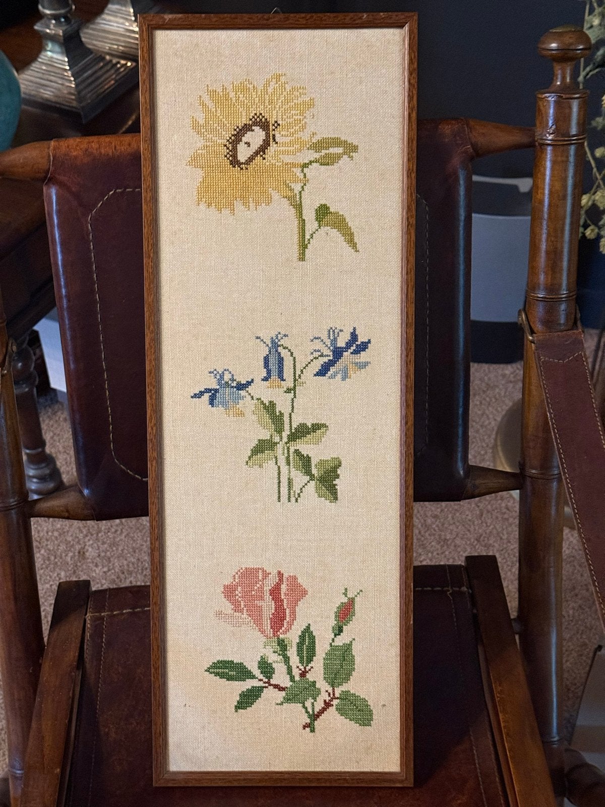 Vintage geborduurd bloemenpaneel, ingelijst, Antiek en Kunst, Ophalen