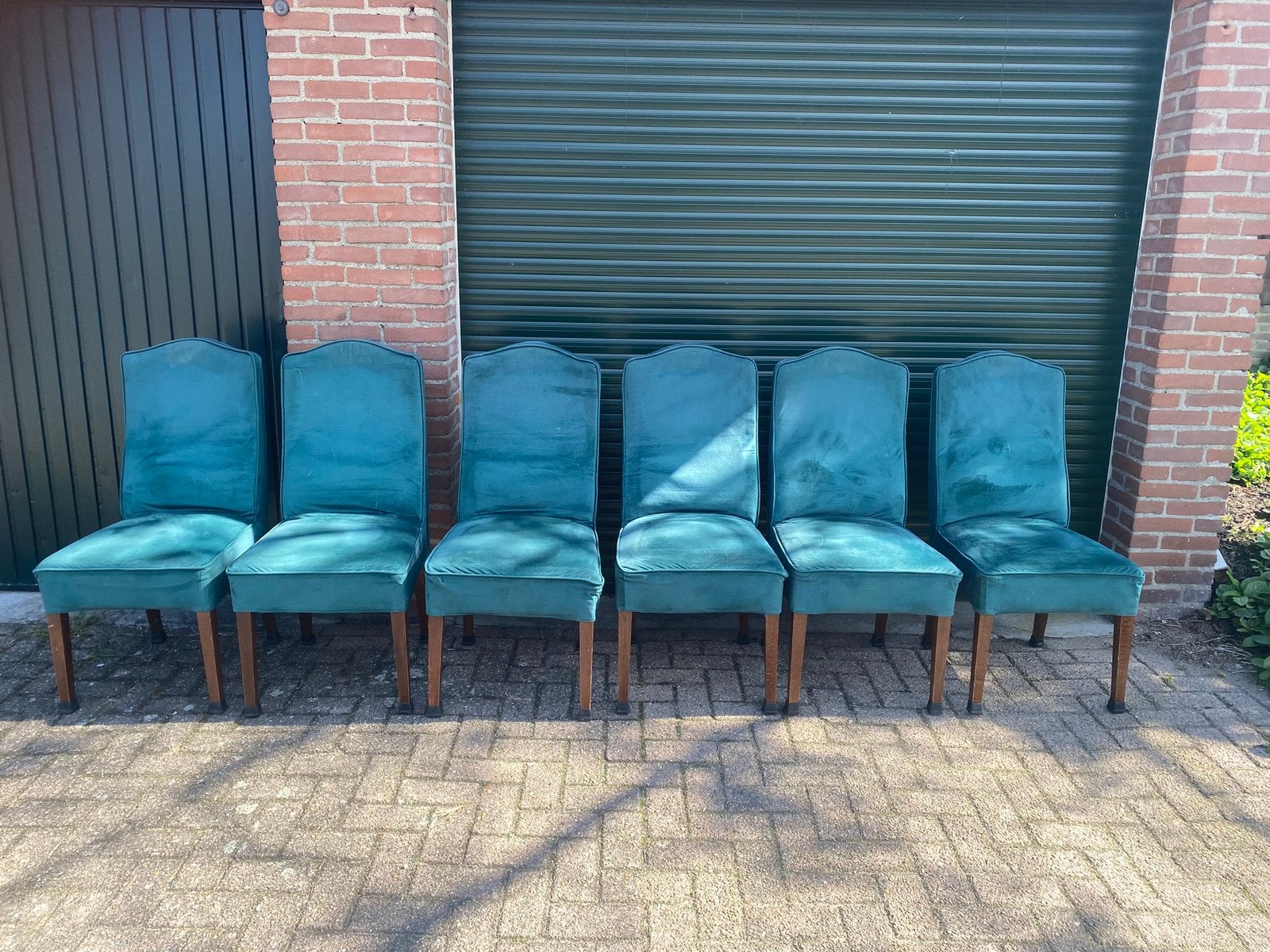 Gratis 6 eetkamerstoelen groen fluwelen bekleding, Ophalen, Gebruikt, Overige kleuren, Hout