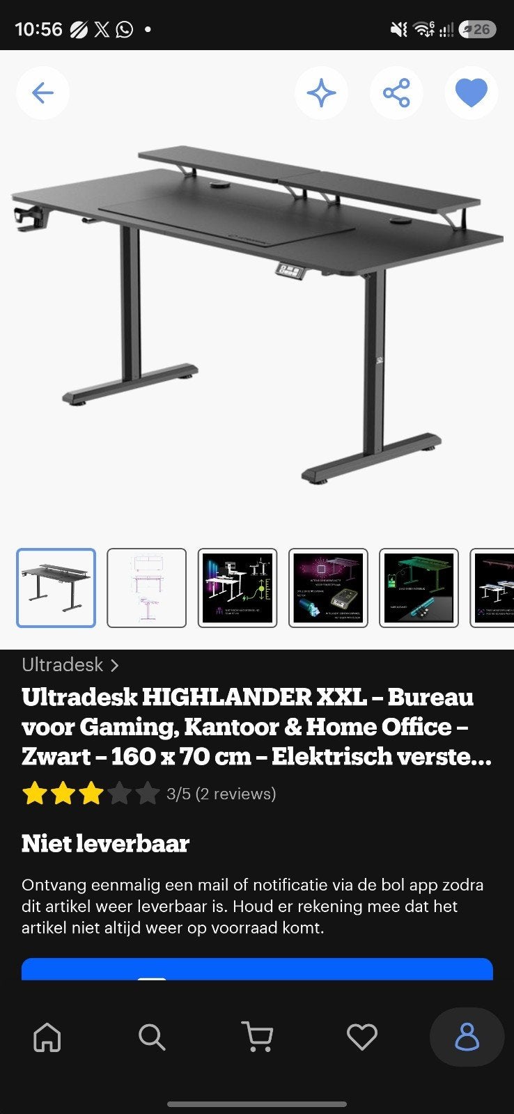 Ultradesk Highlander XXL Gaming/Kantoor Bureau - Zwart, Huis en Inrichting, Ophalen, Zwart, Metaal, Zo goed als nieuw