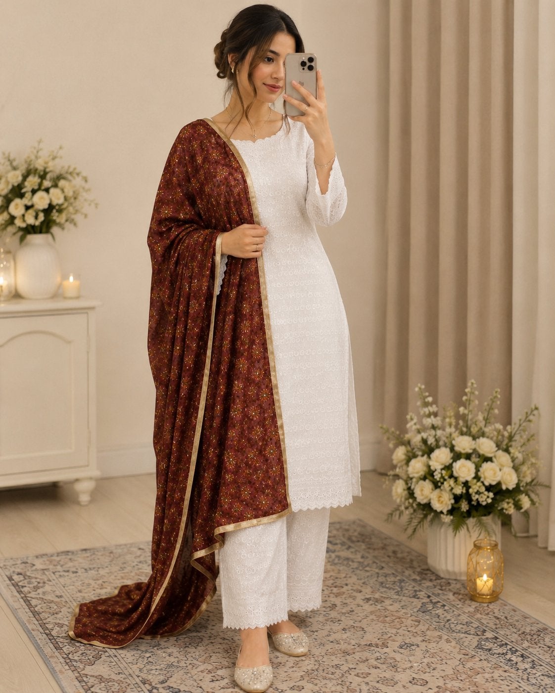 Witte Indiase Chikankari Kurta Set met Rode Dupatta, Wit, Maat 42/44 (L), Ophalen of Verzenden, Zo goed als nieuw
