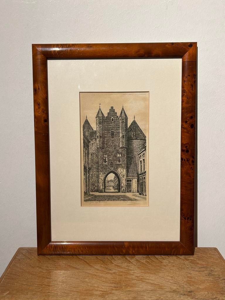 Marius Janssen - Ets Gevangenpoort Bergen op Zoom, Antiek en Kunst, Kunst | Etsen en Gravures, Ets, Gesigneerd, Stadsgezicht, 1900 - 1949