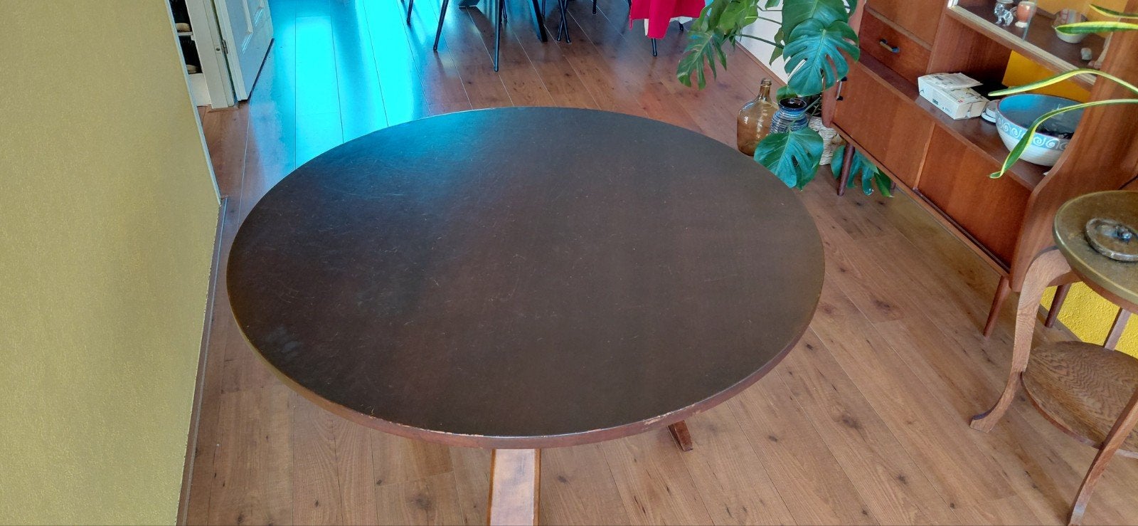 Vintage houten tafel, Ophalen, Gebruikt, Rond, 100 tot 150 cm